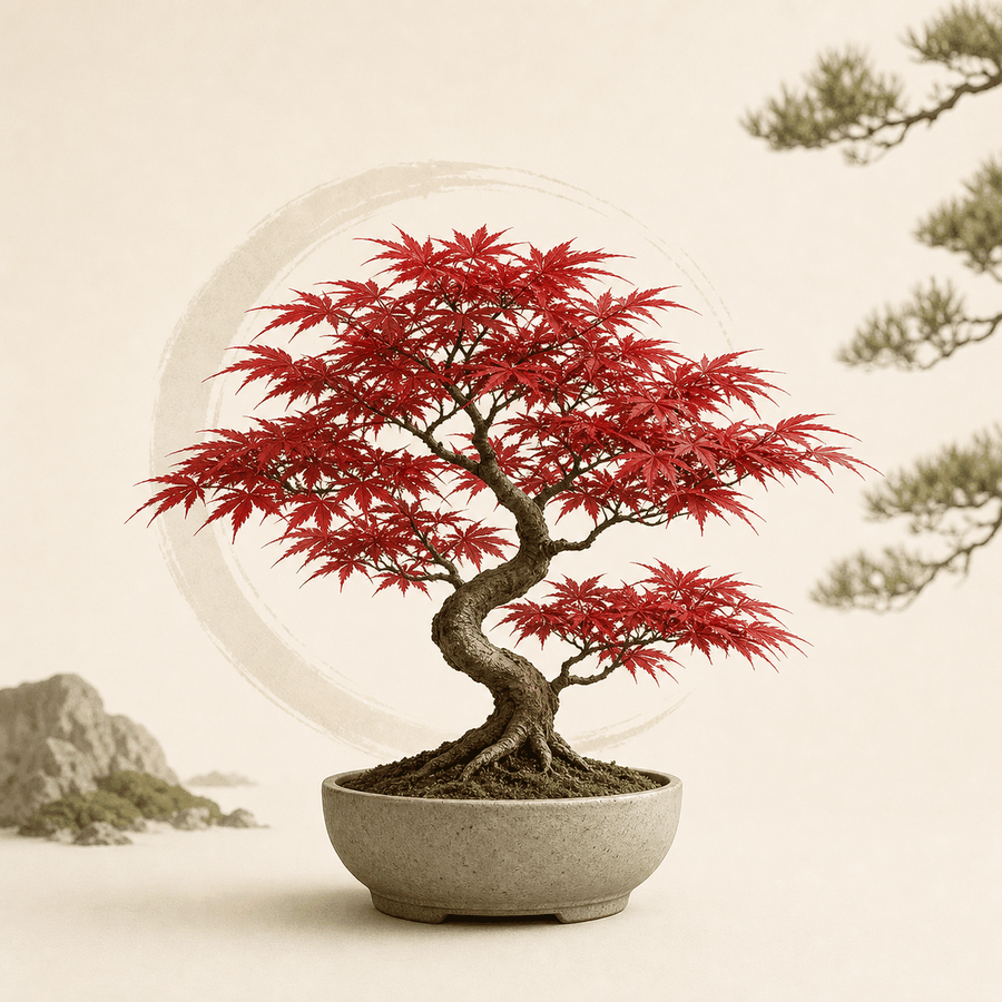 Červená japonská bonsai Acer palmatum v keramickém květináči